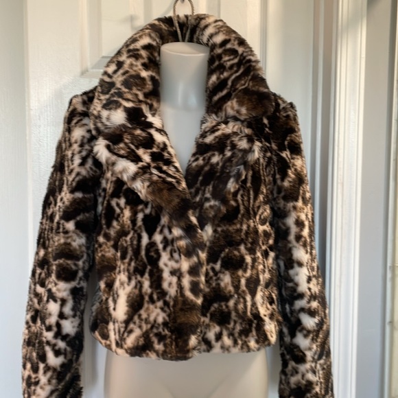 BAND OF THE FREE WILD CAT LEOPARD FAUX FUR OPEN JACKET BLACK BROWN IVORY SIZE S - Picture 7 of 13
